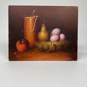 Vintage Frank Lean Still Life Oil Painting - Apple, Pear, Eggs‎ in Basket, 8x10”